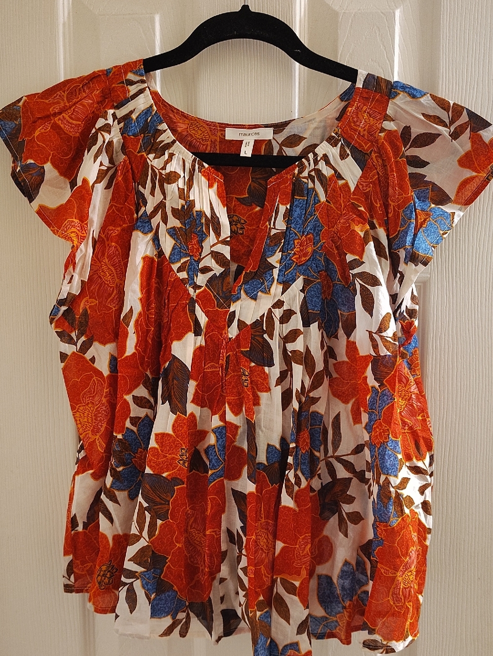 Maurices White Floral Blouse with Orange & Blue Print